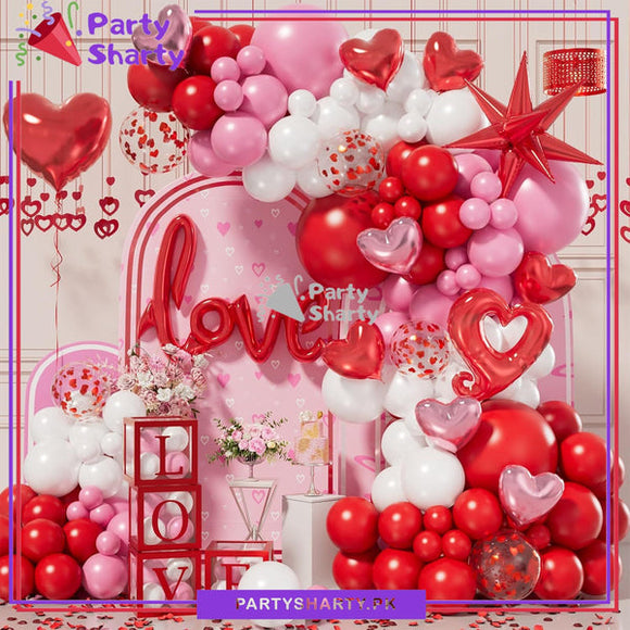 100pcs Love Scripted Foil Banner with Red, Pink & White Balloon Garland Theme Set for Valentine, Wedding Anniversary Decoration and Celebration