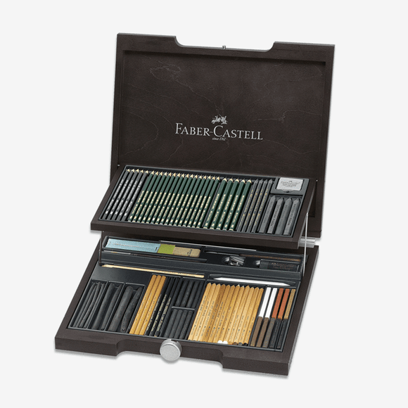 FABER CASTELL PITT MONOCHROME DRAWING SET IN WOOD CASE